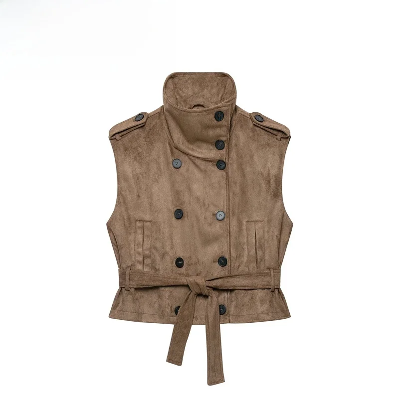 Fashionable VA Women's Vest New Style 6318262 with Belt Reversible Faux Leather Effect Short Curved Body Vest for Autumn Wear