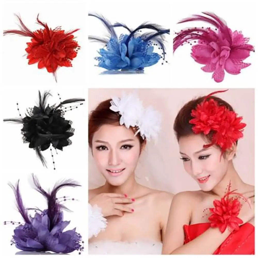 Fashion Flower Feather Bead Corsage Hairband Pin Wedding Headwear Decor Gift For Women