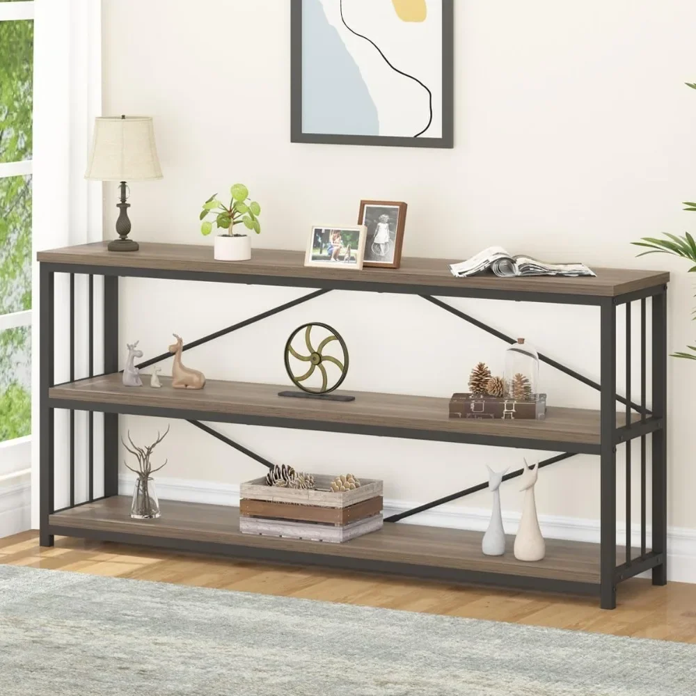 Long Entryway Table, Industrial Console Table with Storage Shelf, Farmhouse Wood Metal Narrow Sofa Table Behind Couch