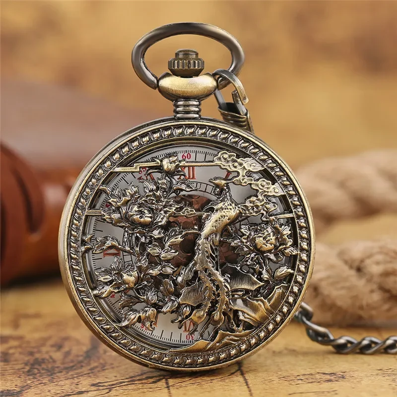 Retro Phoenix Automatic Mechanical Pocket Watch for Men Women Copper Hollow Steampunk Skeleton Watches Fob Pendant Chain Clock