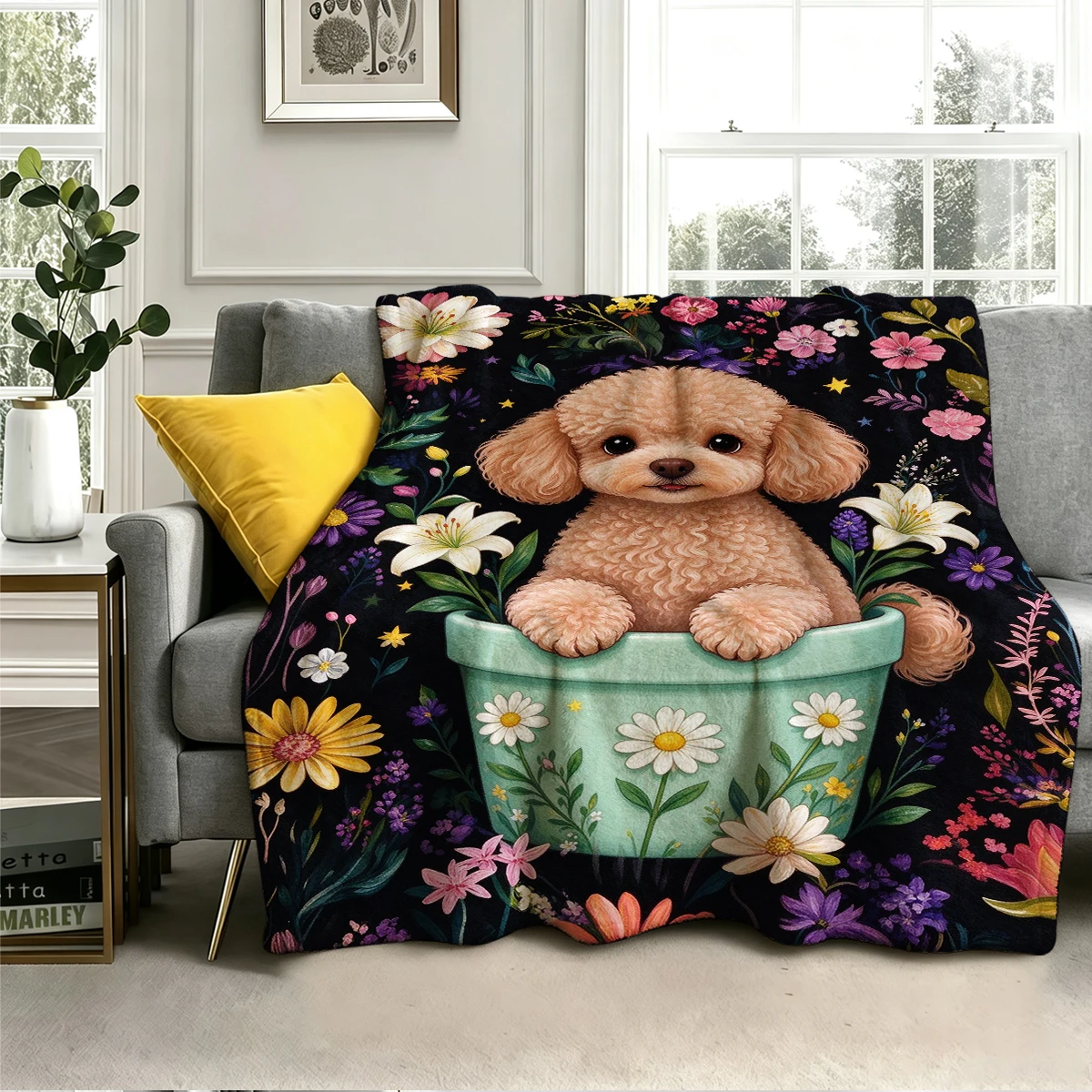 Apricot Poodle Lily Green Flannel Blanket Warm Soft Halloween Christmas Decorative Couch Warm Cozy All-Season Gift