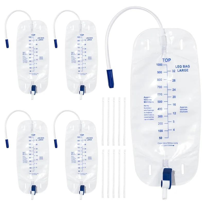 HRBAJ-حقيبة تصريف البول 1000 مل حقيبة ساق قسطرة، 5 عبوات للرجال مع صمام مضاد للارتجاع