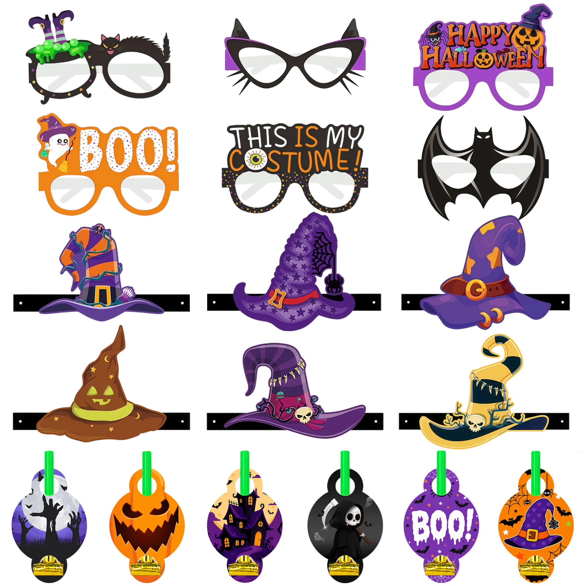 30 Pcs Halloween Birthday Party Supplies Favors Set - Halloween Party Paper Hats & Halloween Paper Glasses & Halloween Blowout Toys etc Halloween Birthday Supplies for Halloween Party Decorations