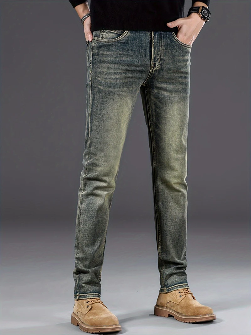 Spring and Autumn Hot Men's Straight leg Jeans with Elasticity and Multi Craftsmanship Nostalgic Blue Slimming Men's Denim Pants