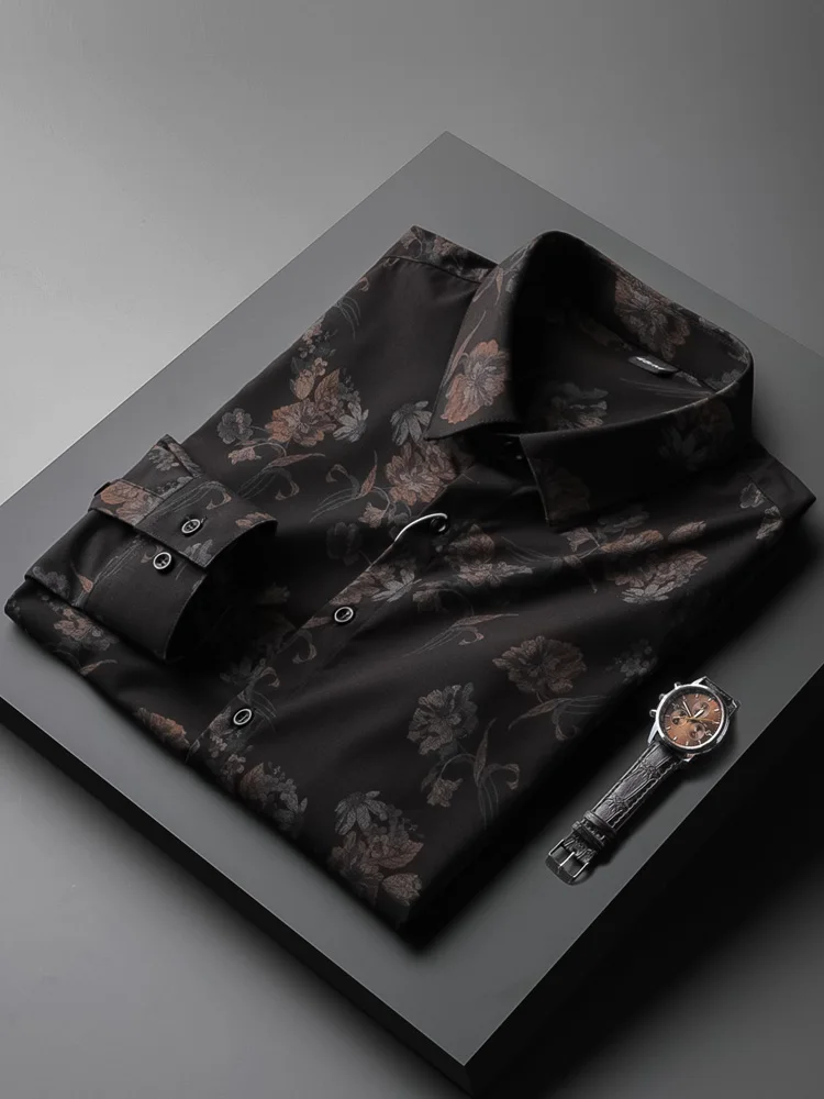 

Мужская повседневная рубашка с длинным рукавом, весна-осень, большие размеры, приталенный крой, немнущаяся, с цветочным принтом, модная, городской стиль, полиэстер