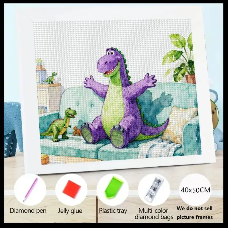 

1 шт. 5D полный дрель комплект алмазной живописи, милые счастливые мультяшные динозавры своими руками на диване, хрустальные стразы, фиолетовый и зеленый динозавр