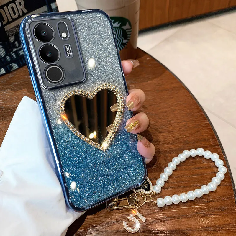 V 29 Cover Luxury Pearl Bracelet Case For Vivo V29 V30 Lite V27 pro V40 se Y72 Y78 Y51 Y31 Diamond Love Mirror Case with Lanyard