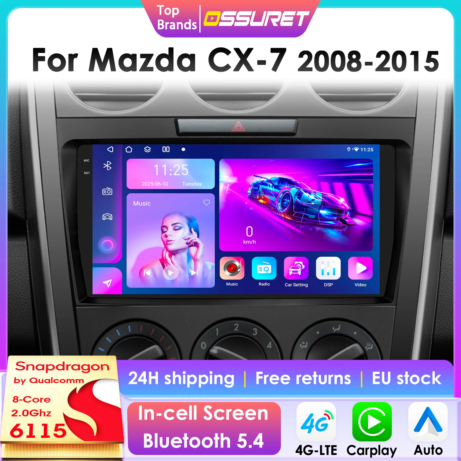 2Din 360-Kamera Android13 Autoradio für Mazda CX-7 CX7 2008-2015 Auto-Multimedia-Player Intelligenter Bildschirm Autoradio Carplay 6115
