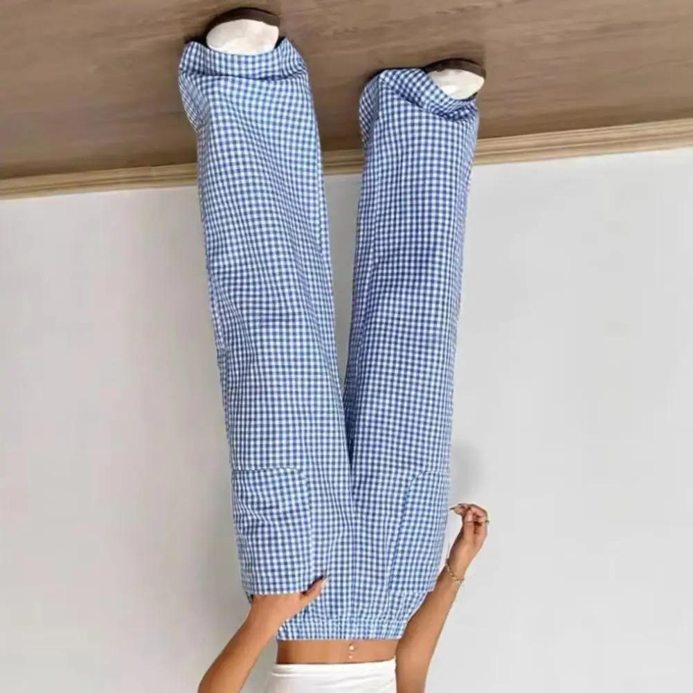 

Women Pants Wide-leg Elastic Waist Pants Women’s Plaid Wide Leg Trousers with Elastic Waist Pockets Mid-rise Sporty Women Pants