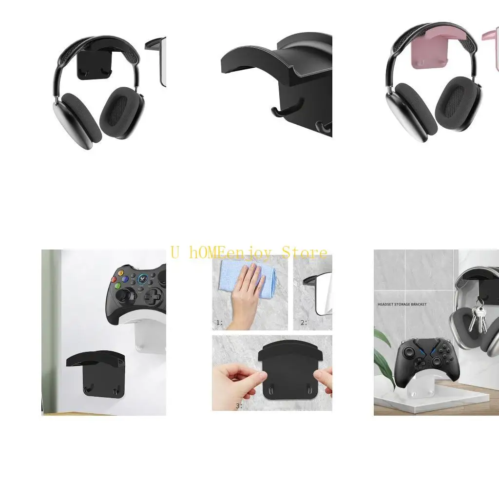 B0KF Headphone Stand Space-Saving Headset Holder Wall-Mounted Earphone Rack Adhesive