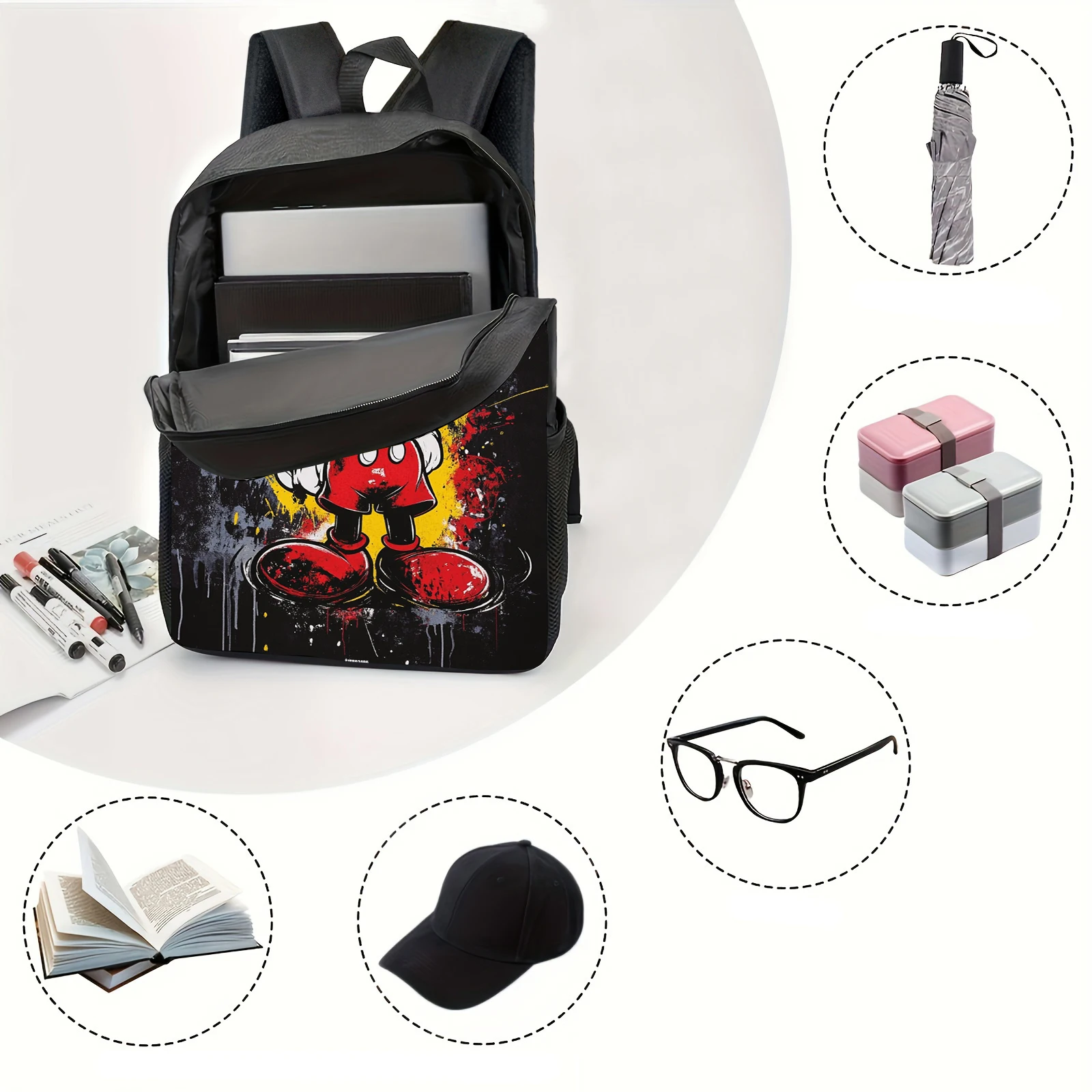 1pc Mickey print backpack with splattered ink, student backpack, gift, suitable for daily commuting and travel use