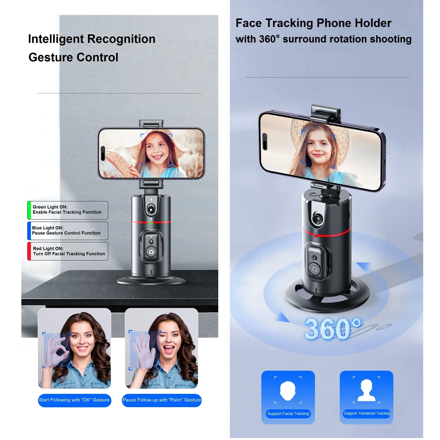 Auto Face Tracking Tripod 360° Rotation, Auto Tracking Phone Holder Remote Moving Tripod for Live Video Vlog