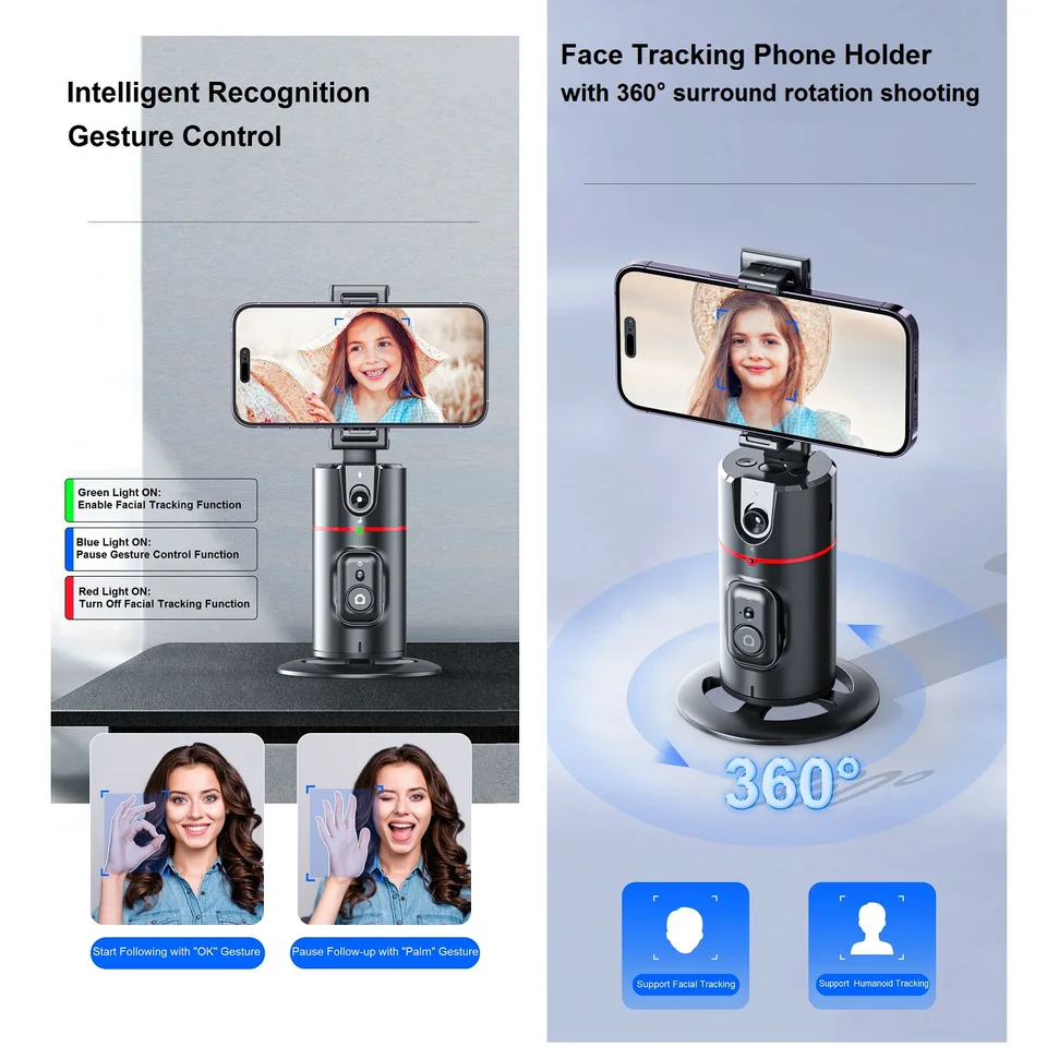Auto Tracking Treppiede Smartphone con Luce Selfie, Supporto per Telefono Cellulare con Funzione di AI Tracciamento 360°del Viso e Telecomando, Stabilizzatore Gimbal Bastoni Selfie per iPhone/Android
