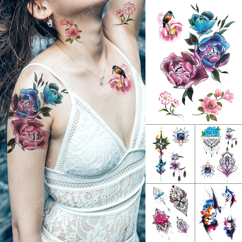 

Waterproof Temporary Tattoo Sticker Bird Peony Flowers Tattoos Cherry Blossom Rose Body Art Arm Fake Tatoo Women Men