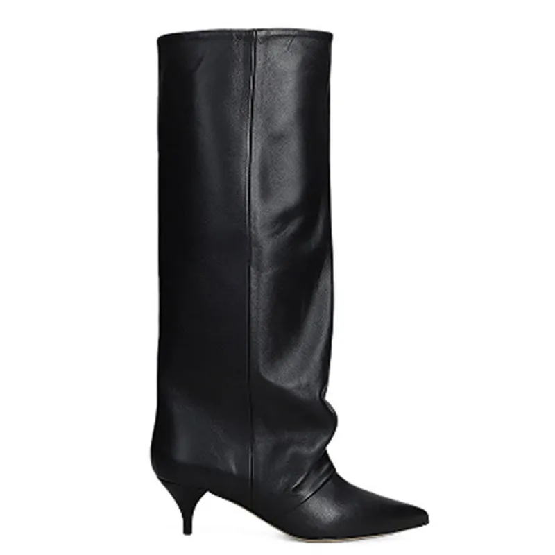 Women Slouchy Knee High Boots Pointed Toe Stiletto Black Leather Wide Calf Long Boots No Zipper Winter Party Dress Footwear