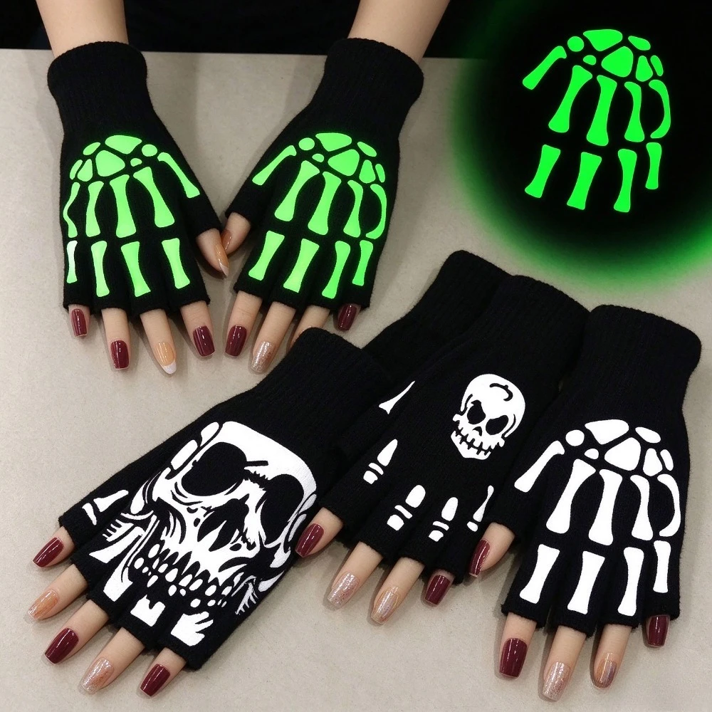 Halloween Skull Luminous Knitted Half Finger Gloves, Ghost Claw Cycling Sports Gloves Halloween Decor
