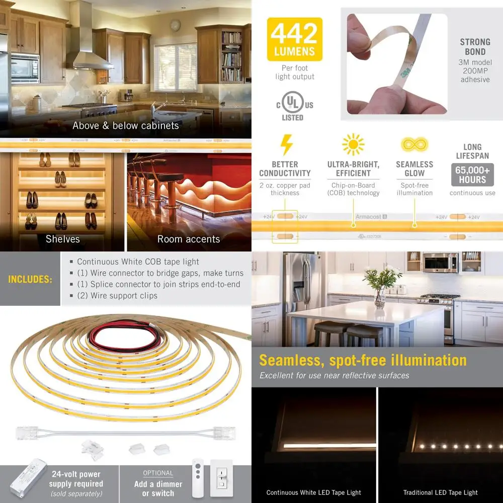 

Светодиодная лента COB белого цвета 24В, 2700K, 10 м, 173150 люмен на метр