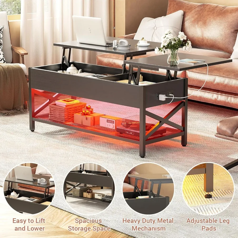 Lift Up Coffee Table with Storage Space, LED Lights and Power Sockets, and Hidden Compartments, Living Room Coffee Table