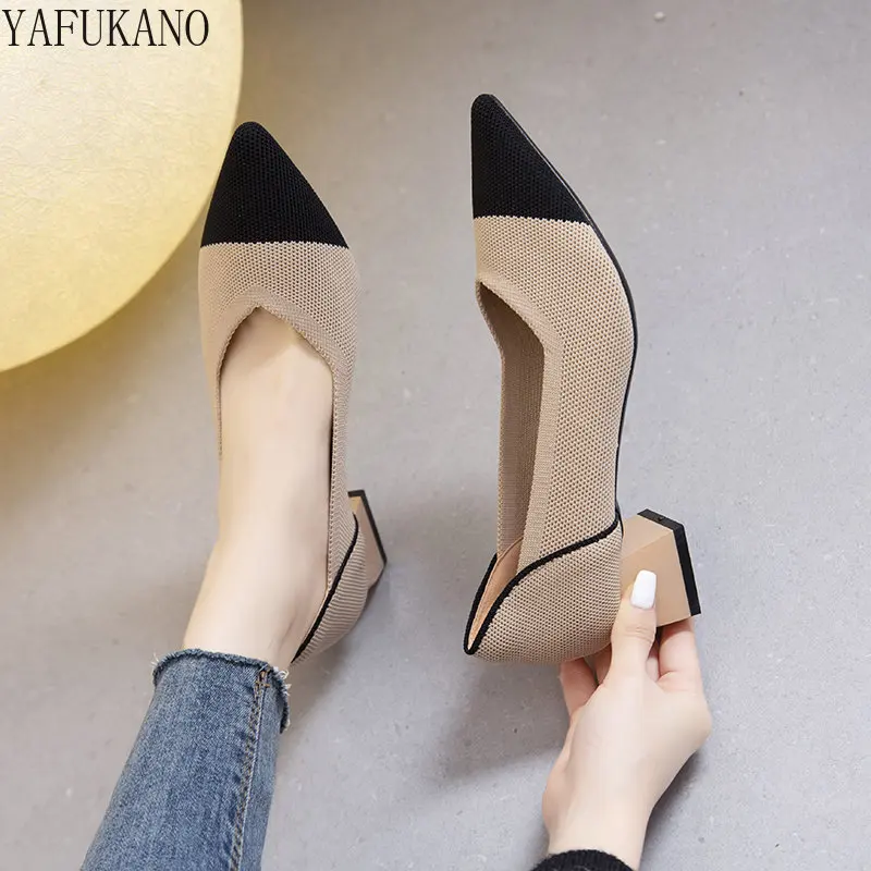 Fashion Stretch Fly Weaving Fabric Two Tone High Heels Square Mid Heel Single Shoes Female Pointed Comfort Office Work Shoes