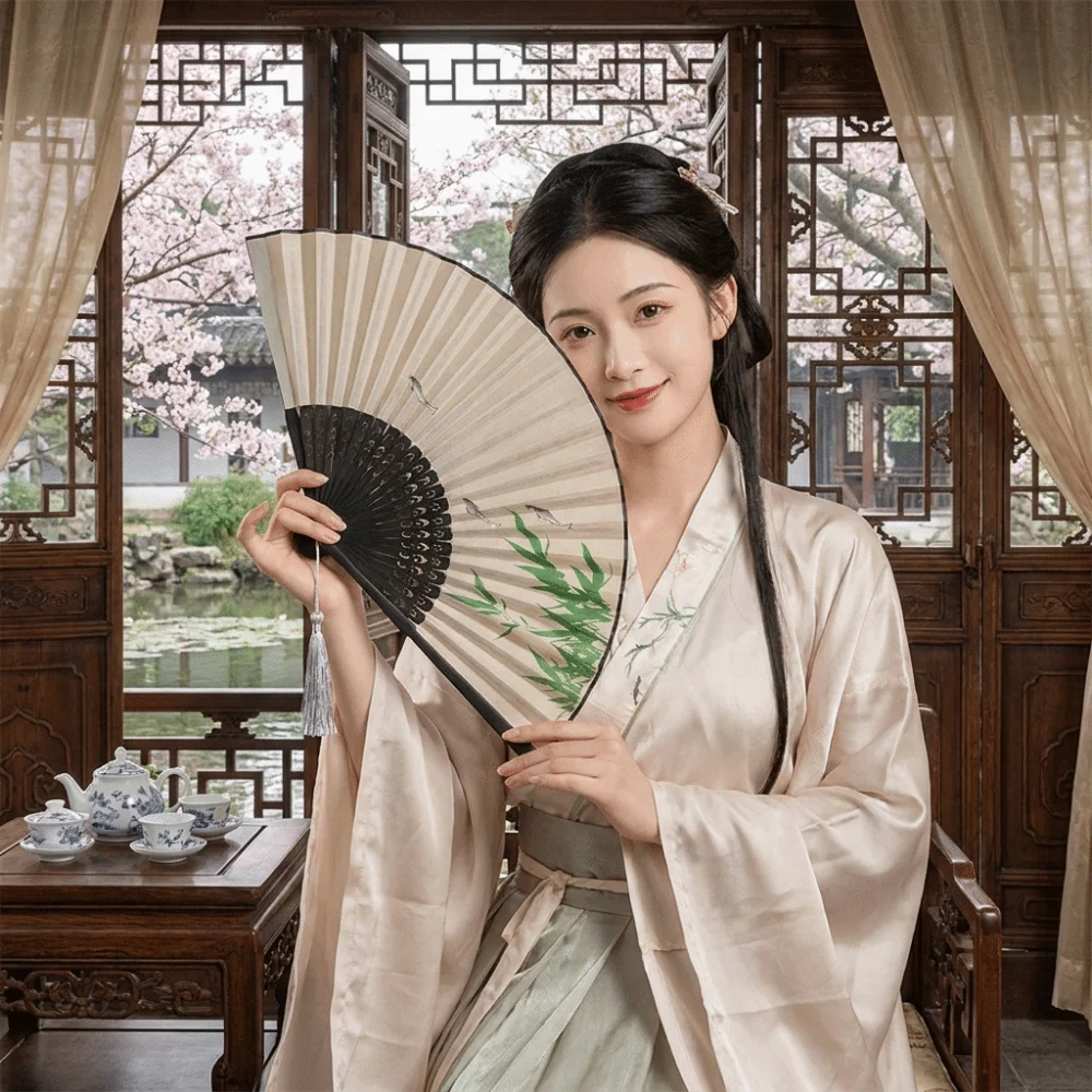 Portable 7-Inch Ancient Style Folding Fan Classical Handmade Hand Cranked Fan Traditional with Tassels Crane Handheld Fan Party
