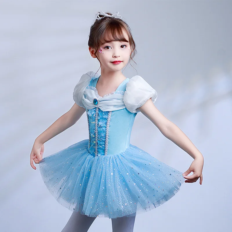 

Summer girl ballet dress princess skirt fluffy mesh skirt hem ruffle performance girl children dancing costume blue gogo outfit