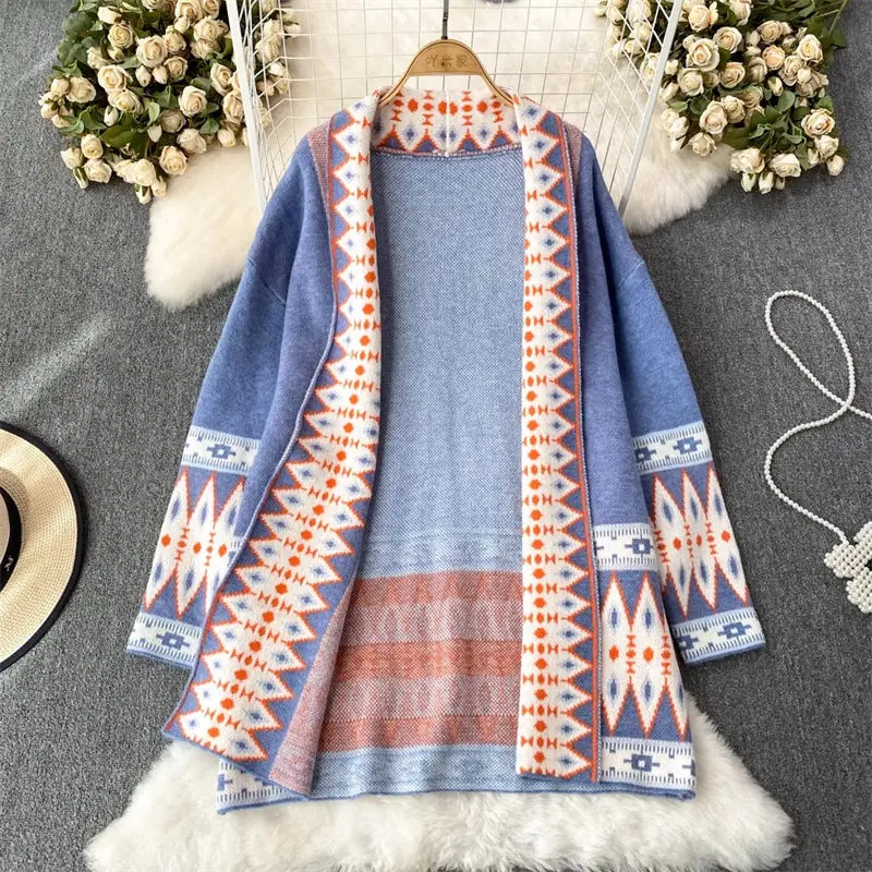 

2023 Autumn Winter Ethnic Wind Sweater Jacket Grassland Desert Tourism Loose Medium Length Knitted Cardigan Coat Cloak Z2667