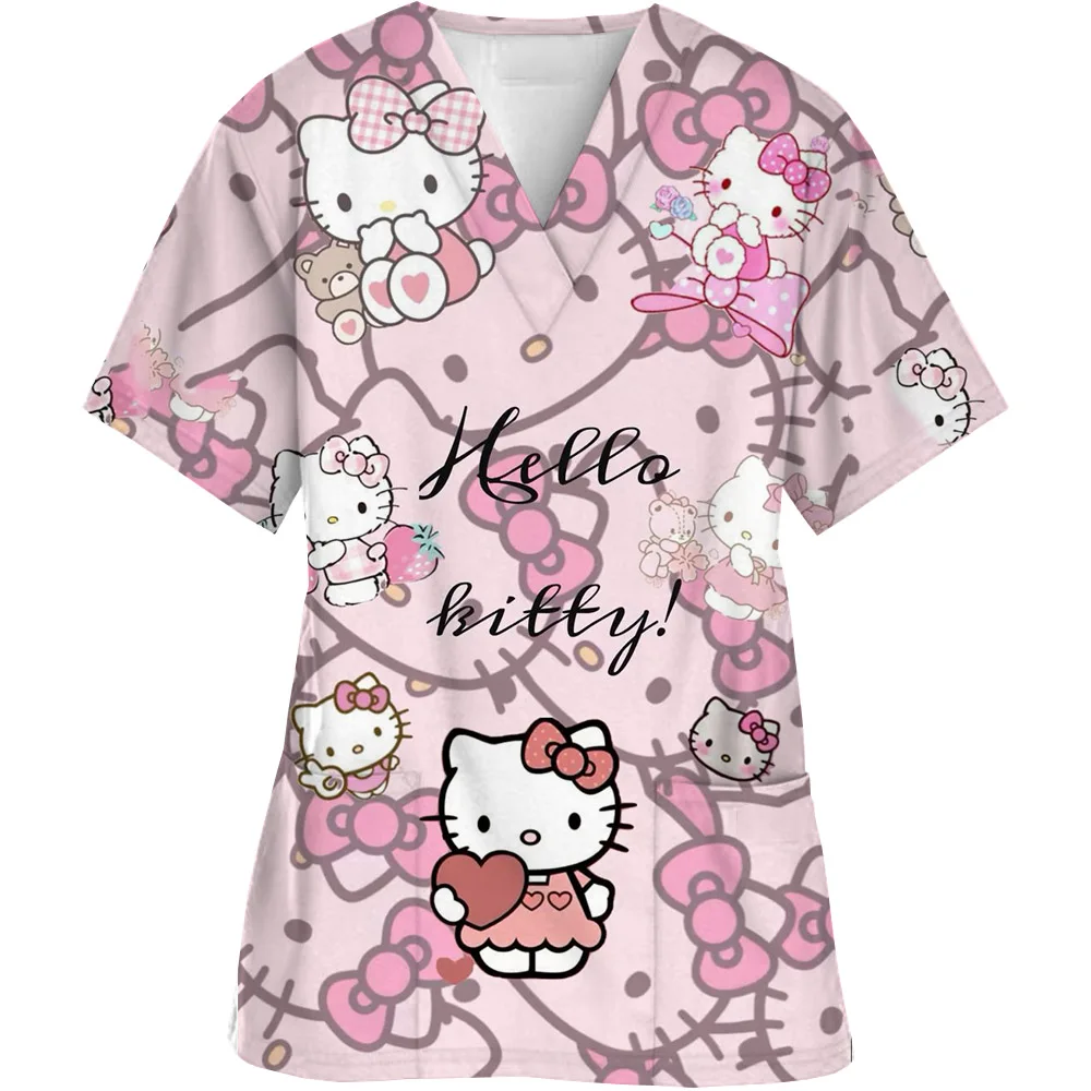 

Hello Kitty Women Nurse Uniform T-shirt Top Hello Kitty Printing Enfermera Short Sleeve Neck Tops Working Uniform Pocket Shirts