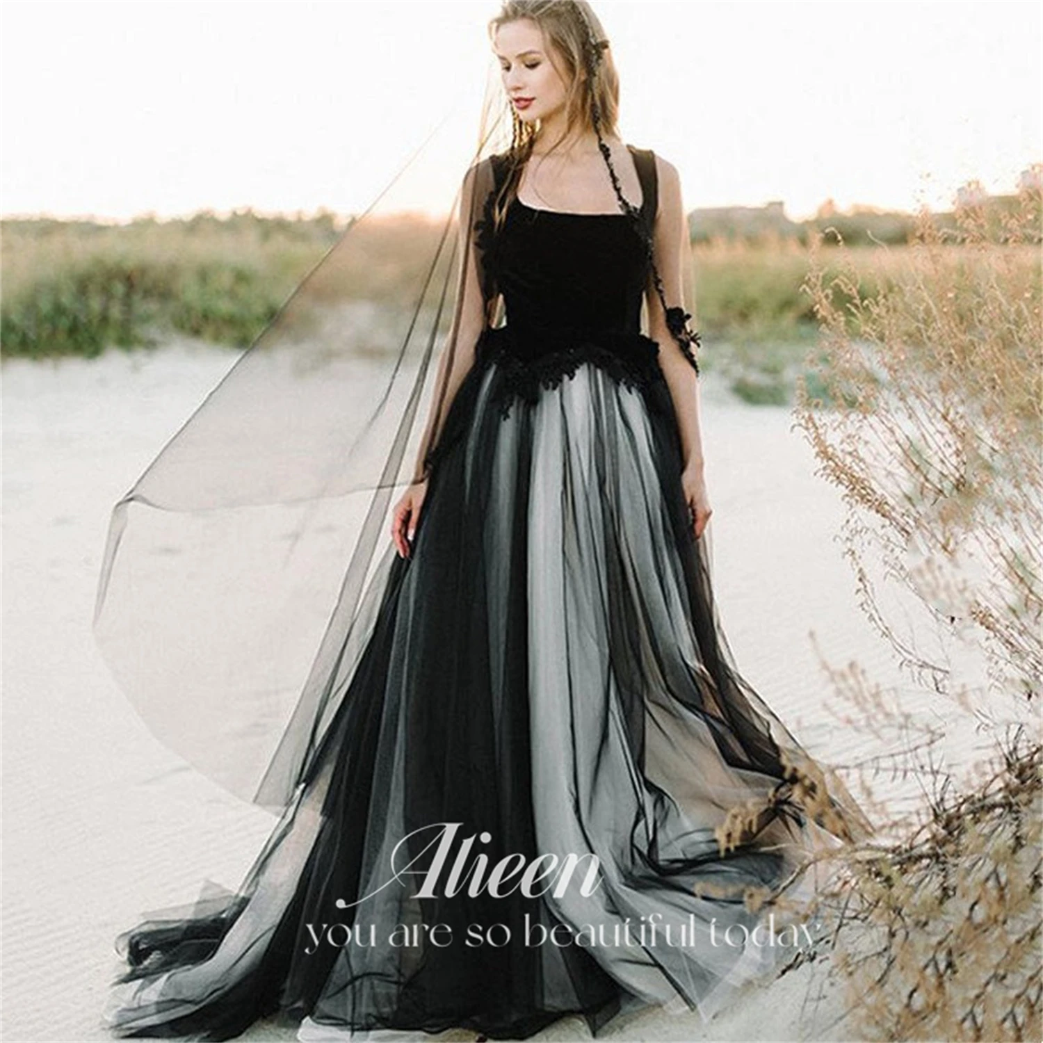 Gothic Wedding Dress Long Dresses for Wedding Party Dress Women Elegant Luxury Evening Dresses customized Square Collar Lace