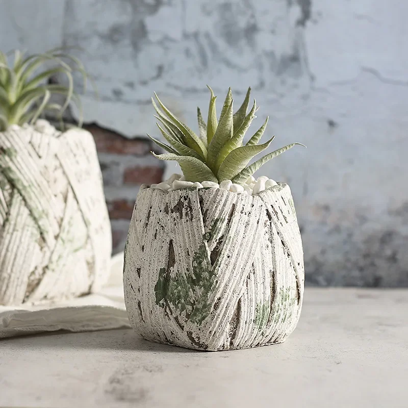 Retro Cement Vase Home Decor Moss Pattern Desktop Ornament Succulent Green Plant Flowerpot Nordic Style Old Flower Arrangement