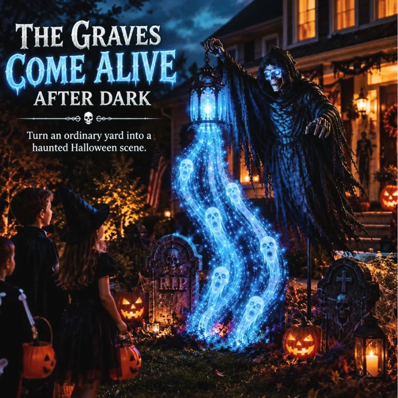 Halloween Soul Harvester Animated Garden Light - Solar Powered Grim Reaper Lawn Stake with Flowing Blue LED Soul Effect