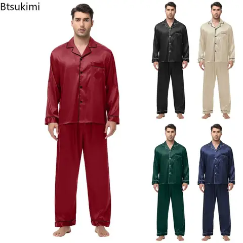 Men Pajamas Set Silk Satin Sleepwear for Man Shirt Long Sleeve Pijama Male Fashion Soft Loungewear S-2XL Size Spring Nightwear
