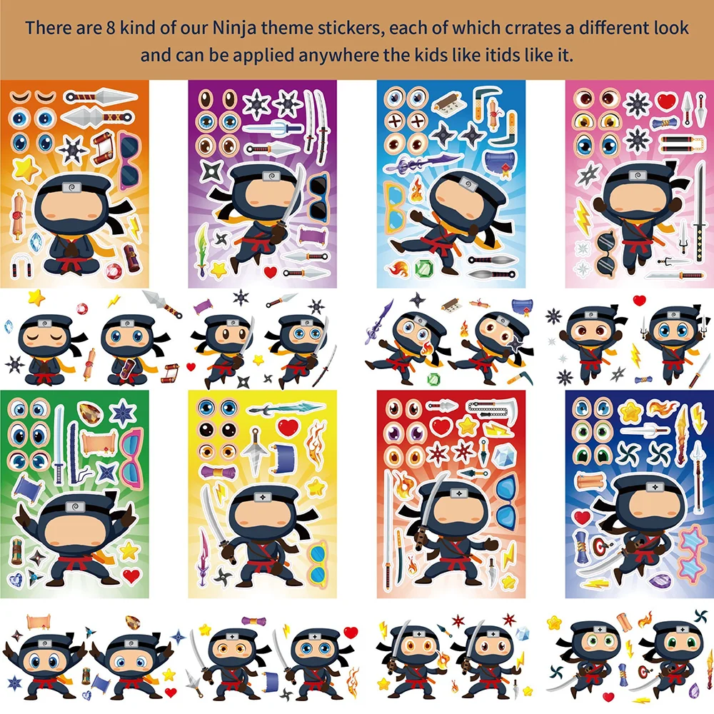 8/16 Sheets Cartoon Cute Ninja Make A Face Puzzle Stickers Children's Daily Cute Toys Scrapbook Waterproof Party Gifts Stickers.