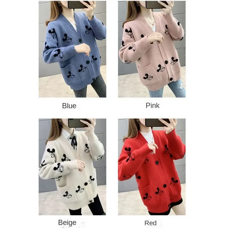 Disney Mickey Mouse Sweater Cardigan Women Cute Cartoon Fashion Long Sleeve Tops Knitted V Neck Y2K Warm Winter Autumn Sweater