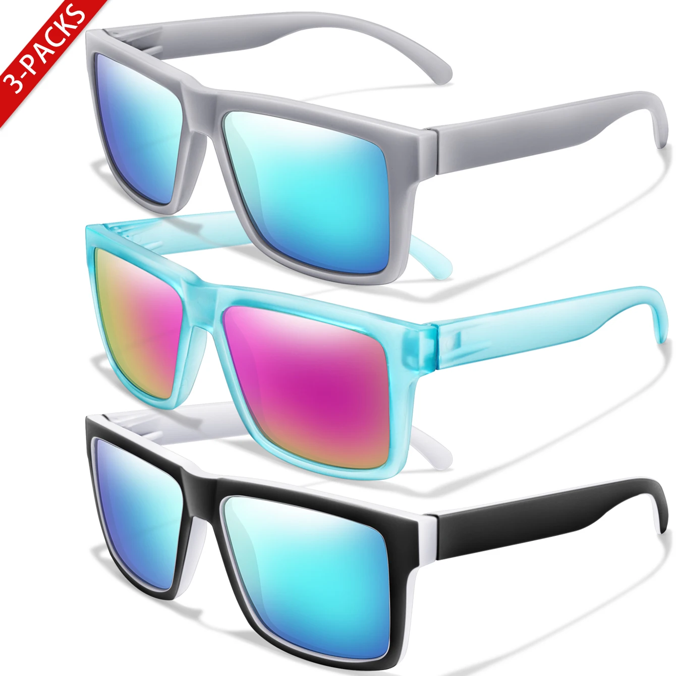Lunettes de soleil polarisées carrées classiques pour hommes et femmes, Protection UV, lentilles colorées pour le cyclisme en plein air, la pêche et la conduite, 3 pièces