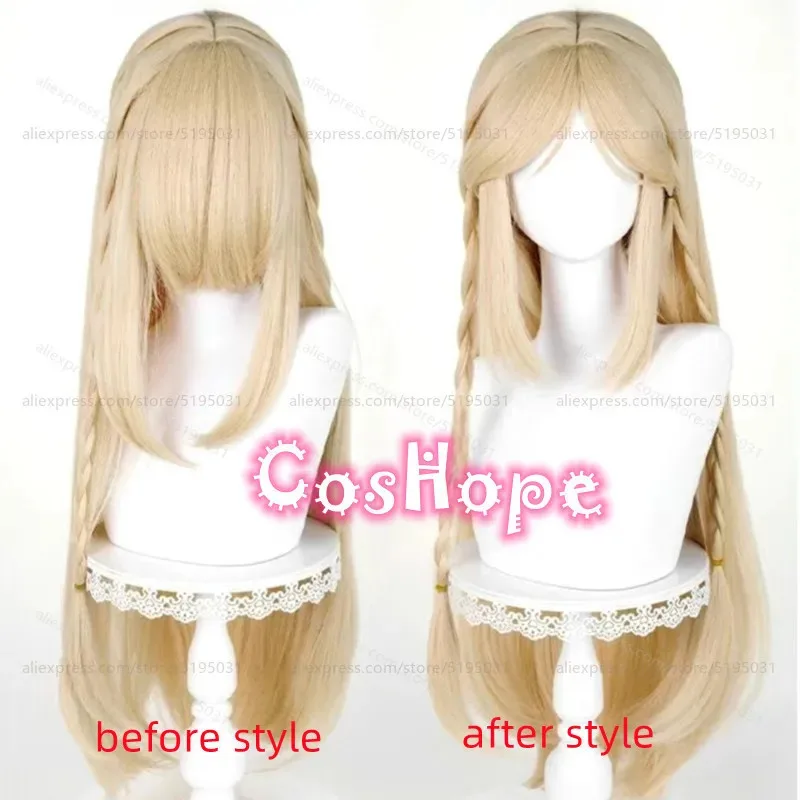 

qa156Cartethyia с ушками, длина 90 см, предварительно плетеный льняной золотой парик, аниме, парики для косплея, термостойкие синтетические