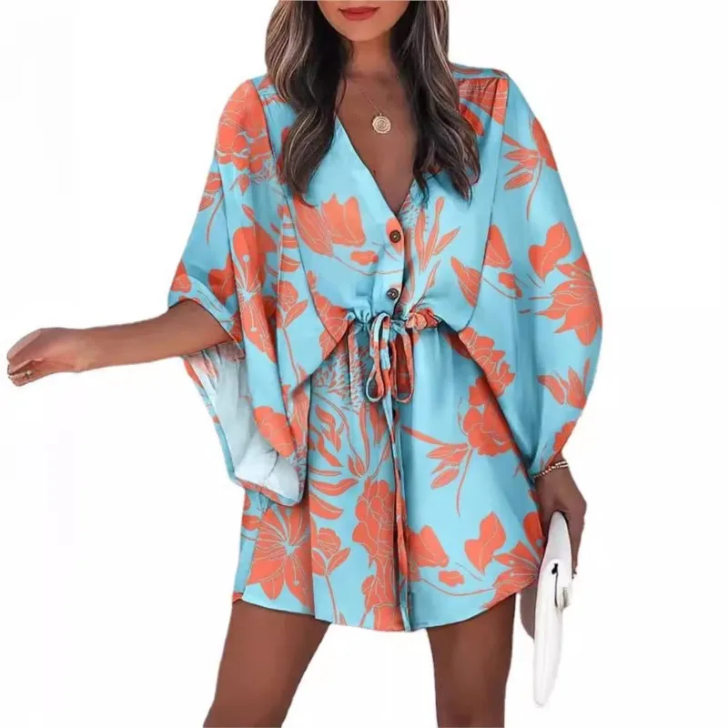 Vestido de playa estampado con cordones y mangas voladoras para mujer, minivestido elegante holgado de manga corta con hojas, moda de verano