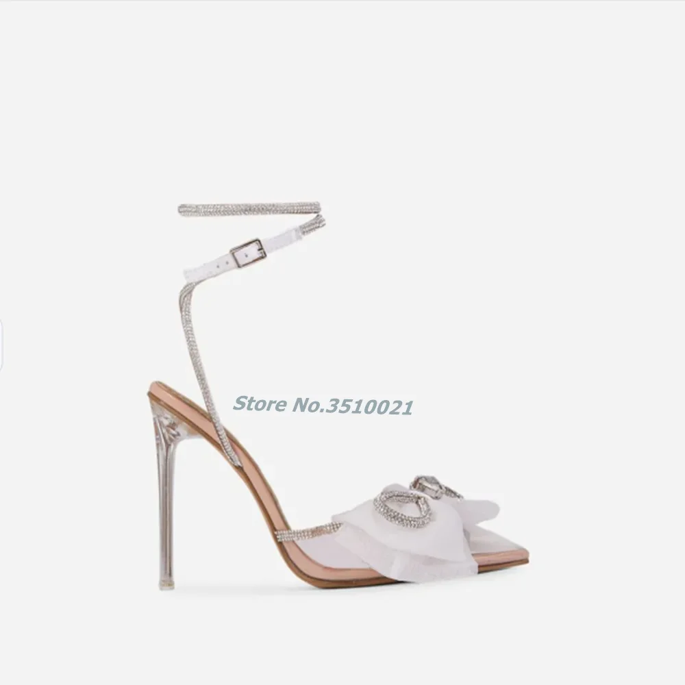 Crystal Bow Clear Perspex Heel Satin Sandals Lace Up Mesh Butterfly-Knot Thin Heel Sexy Solid Color Ankle Strap Buckle Catwalk