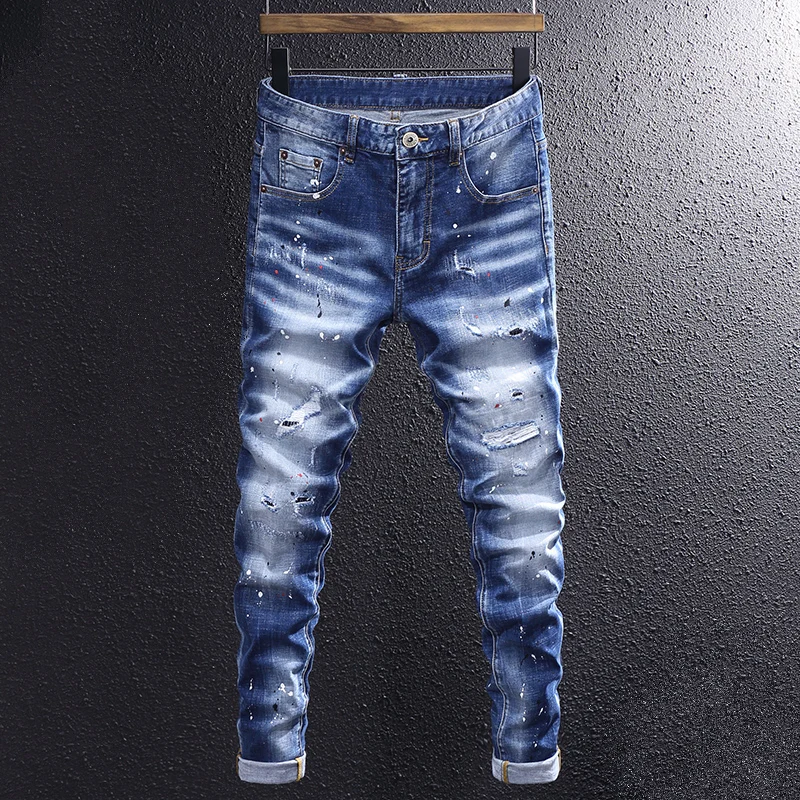 

Street Fashion Men Jeans Retro Blue Stretch Elastic Slim Fit Ripped Jeans Men Painted Designer Hip Hop Denim Pencil Pants Hombre