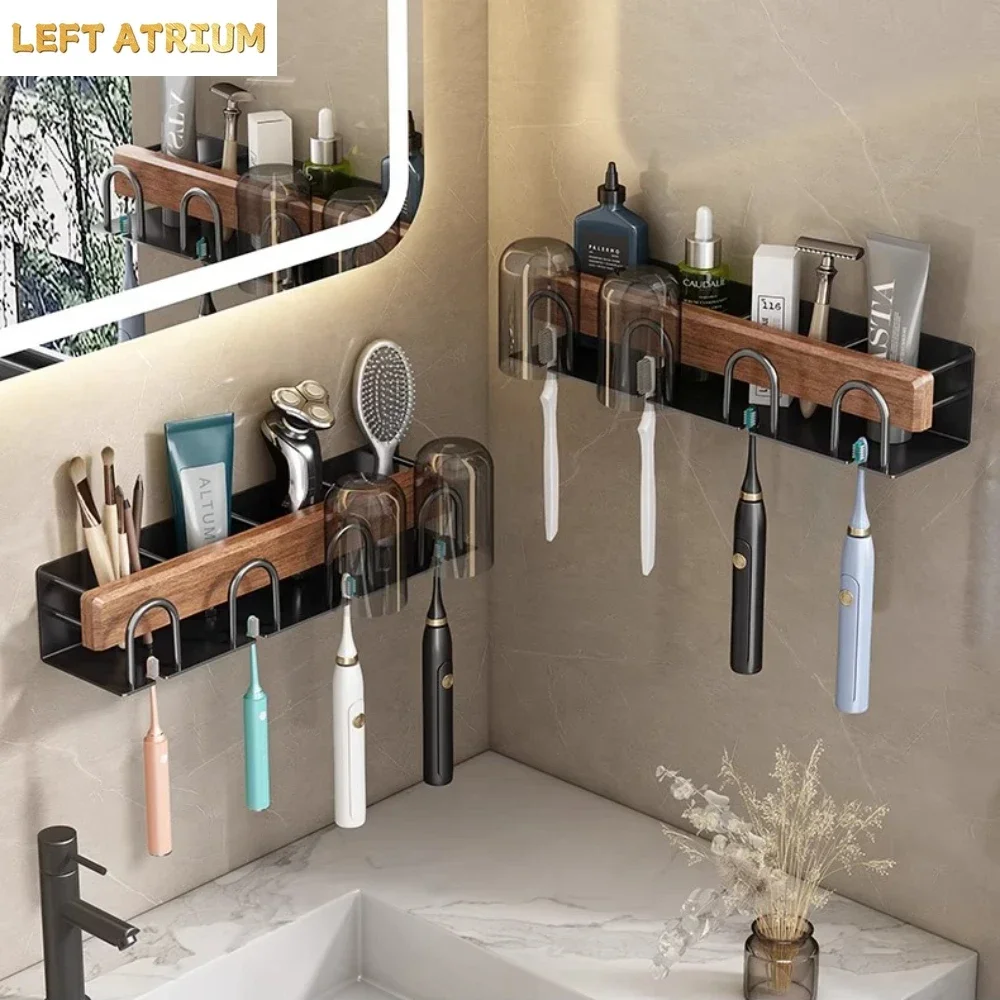 Solid Wood No-Punch Bathroom Toothbrush Holder Tooth Cup Holder Bathroom Mouthwash Cup Holder Toothpaste Toothbrush shelf o
