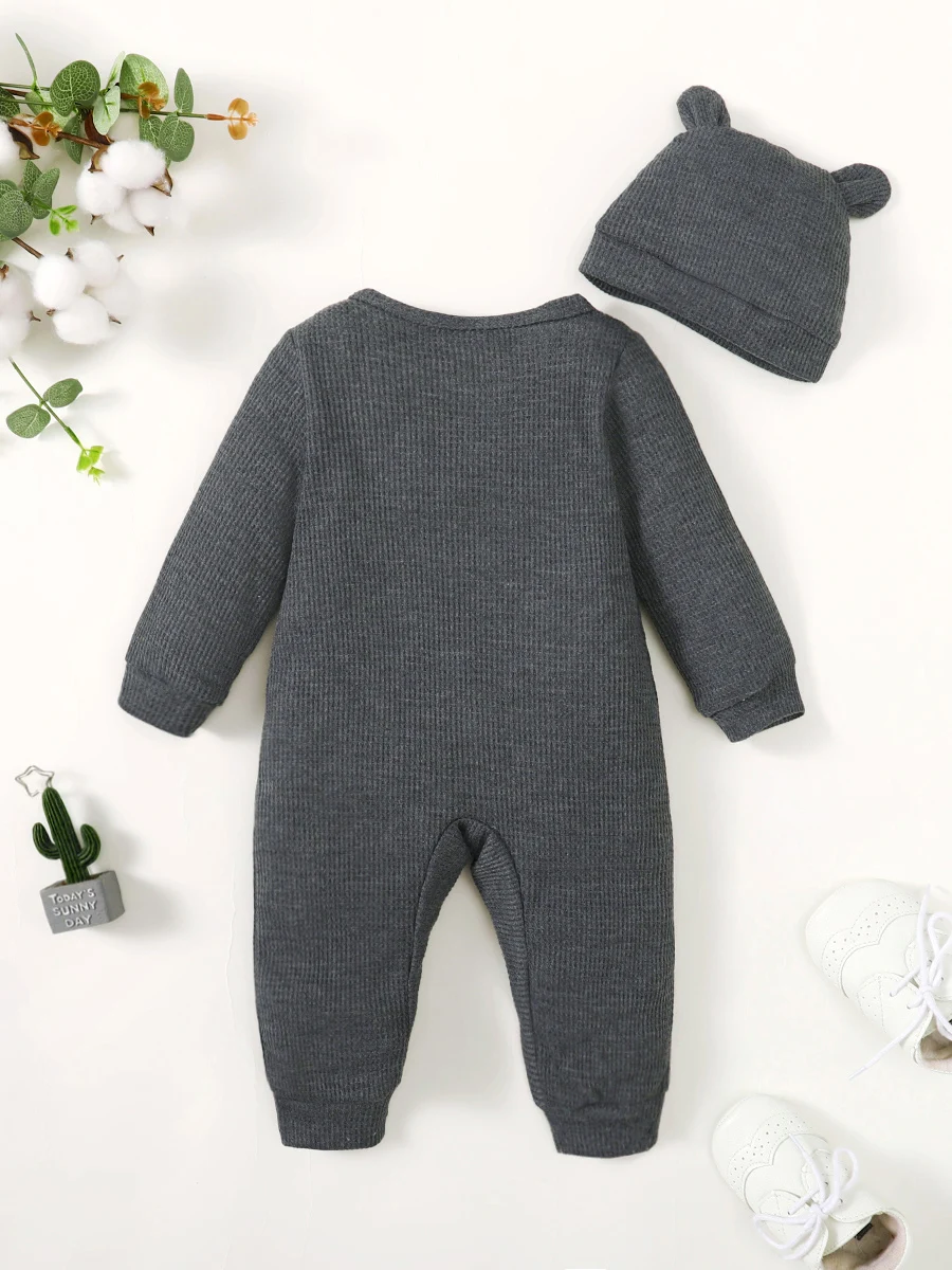 2PCS Newborn Boy Fashion Costume Solid Color Long Sleeve Bodysuit+Hat Infant Spring&Autumn Romper for Toddler Boy 0-18 Months