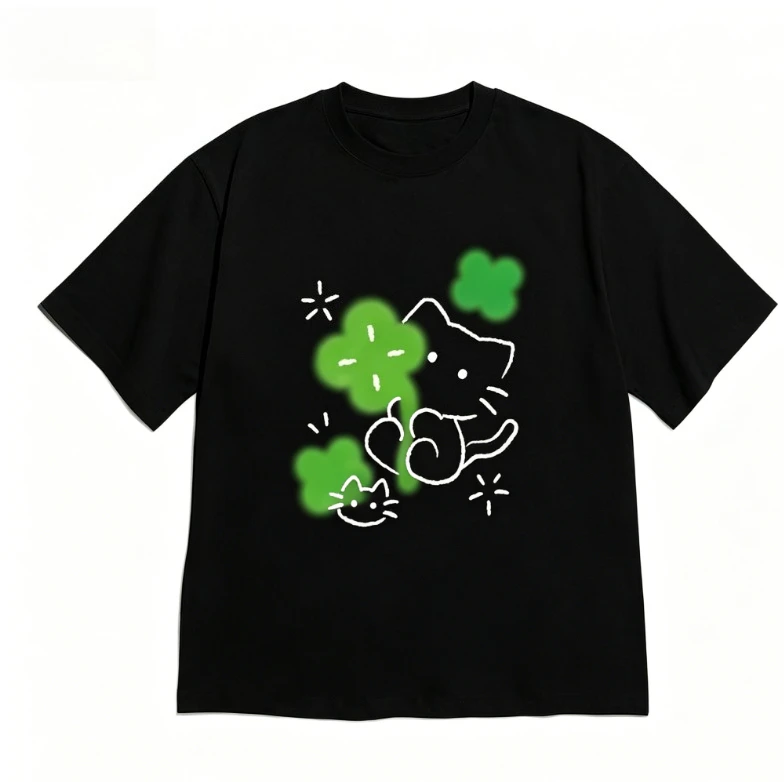 Y2k Aesthetic Clover Accents Cat Tshirt for Women Minimalist Short Sleeve Casual Versatile Clothes with Many Korean Reviews Able
