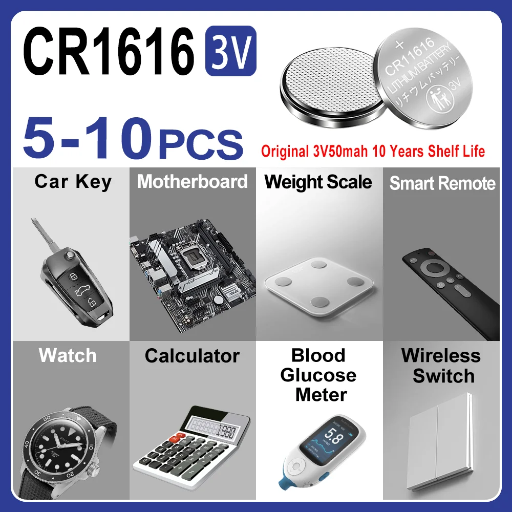 5/10 CR1616 3V Button Battery ECR1616 BR1616 DL1616 KCR1616 Suitable for Calculators, Car Keys, Watches, Flashlights