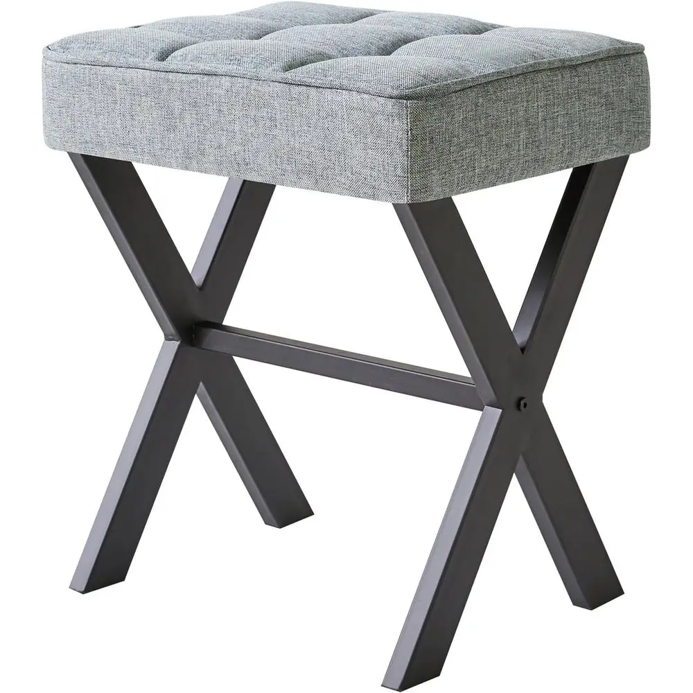 

Makeup Stool with X-Leg Foot Rest, Linen Footrest, Ottoman Seat, Multi-Use as Small Side Table, Bedroom, Living Room, Blue Gray