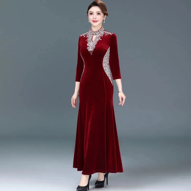 ハイエンドの気質エレガントな女性のチャイナドレス春秋のファッションスリムマーメイドドレス母の結婚式のパーティードレス 6XL