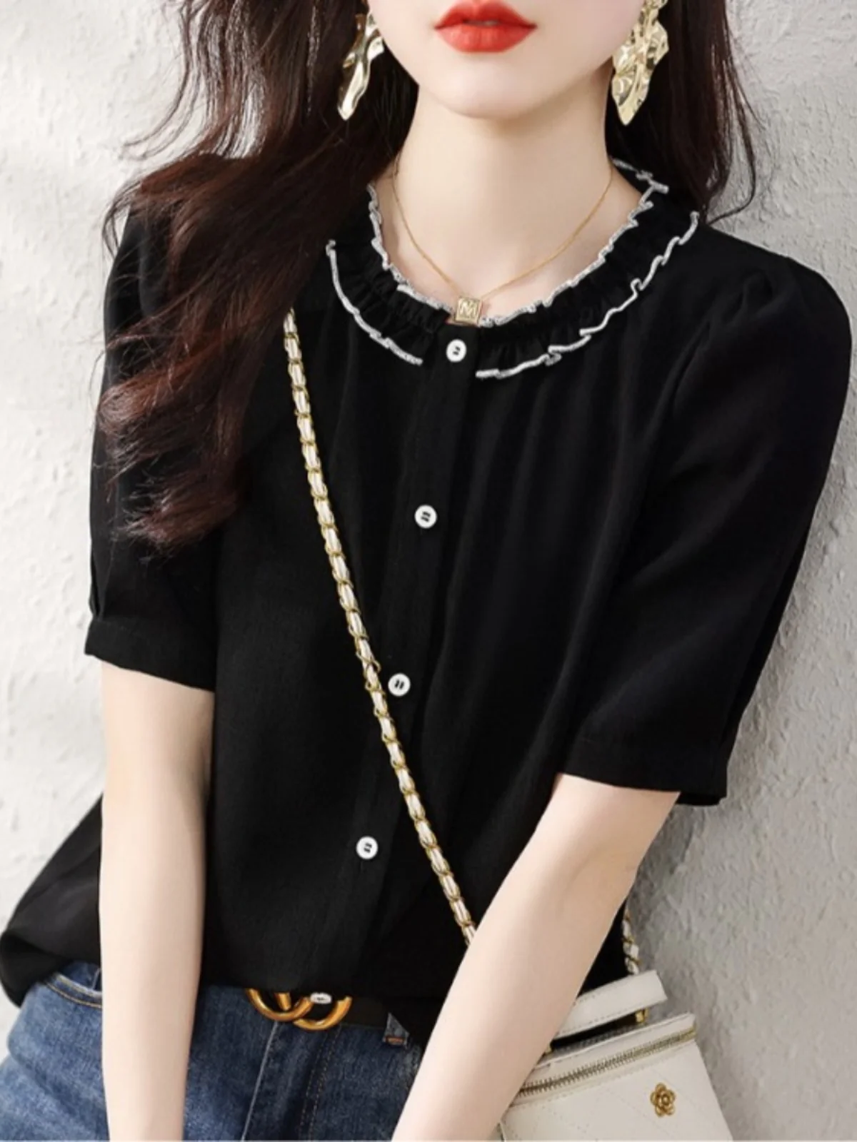 

plus Size Women's Short Sleeve Shirt Summer New Style Slimming Cover Belly Flattering Tunic Top Chinese Style Loose Fit Butto...