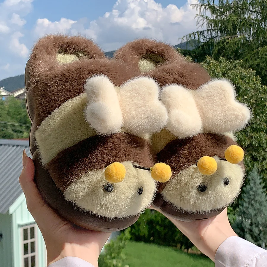 Cute Little Bee Slippers For Women Winter Warm Plush Fur House Shoes 3D Heart Wings Thick Platform Anti-Skid Indoor Home Bootie view 6