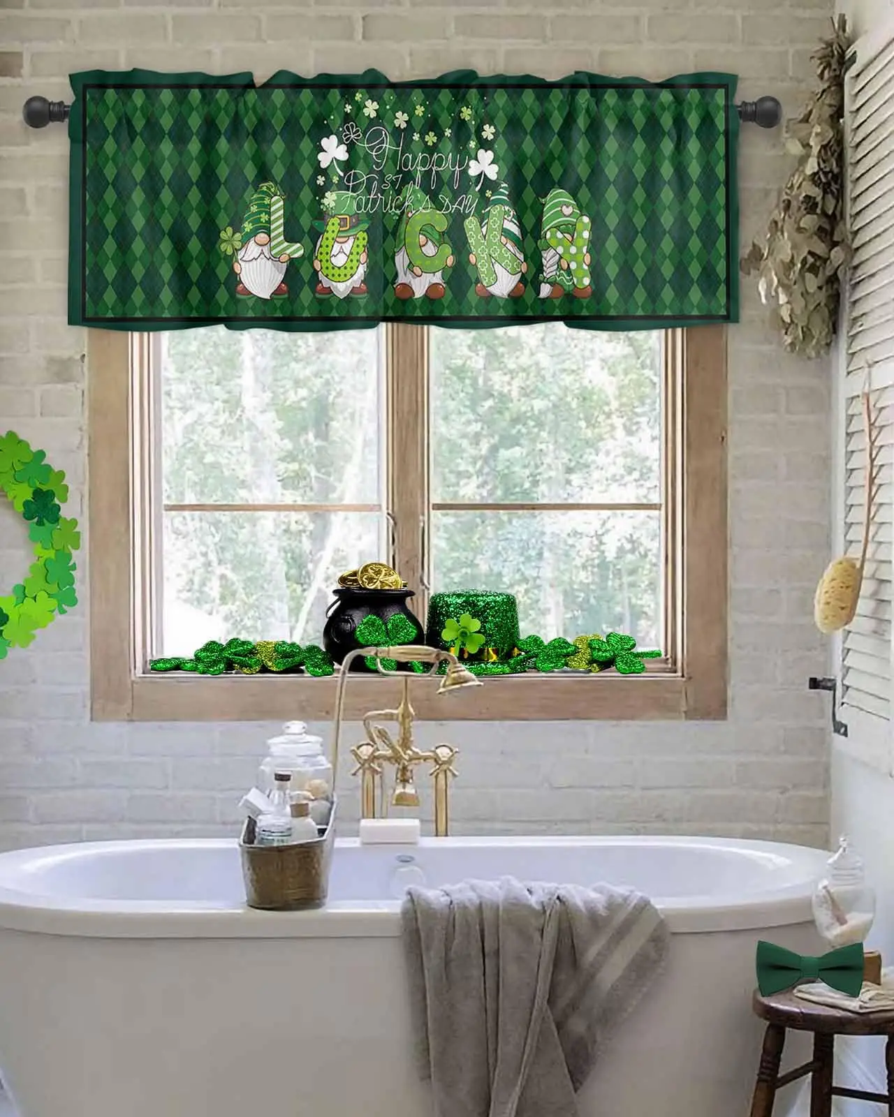 St. Patrick's Day Valances for Windows Gnome Lucky Shamrock Kitchen Curtain Valances Green Stripes Check Plaid Rod Pocket