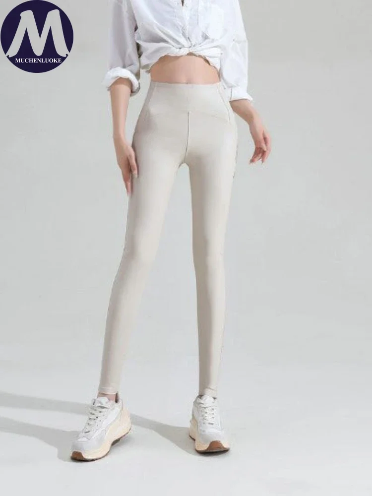 Women's Sexy Slimming PU Leather Leggings High Waist Stretchy Soft Fleece Black Spring Autumn Tights Thin Pants