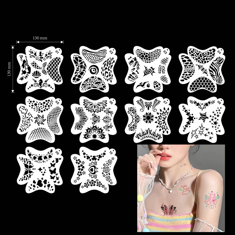 10 Pcs Waterproof Stamps Paint Template Body Arm Face Tattoo Stickers Snake Totem Women Men Dark Sexy Tattoo Reusable Stencils