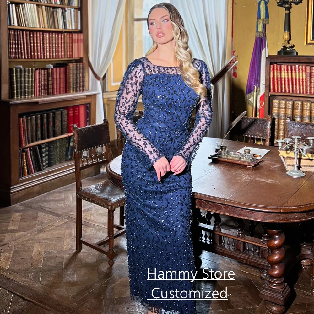 แฟชั่นชุดราตรีที่กำหนดเองคอตักแขนยาวประดับด้วยลูกปัดประดับด้วยเลื่อมความยาวข้อเท้าปาร์ตี้นางเงือกชุดราตรี